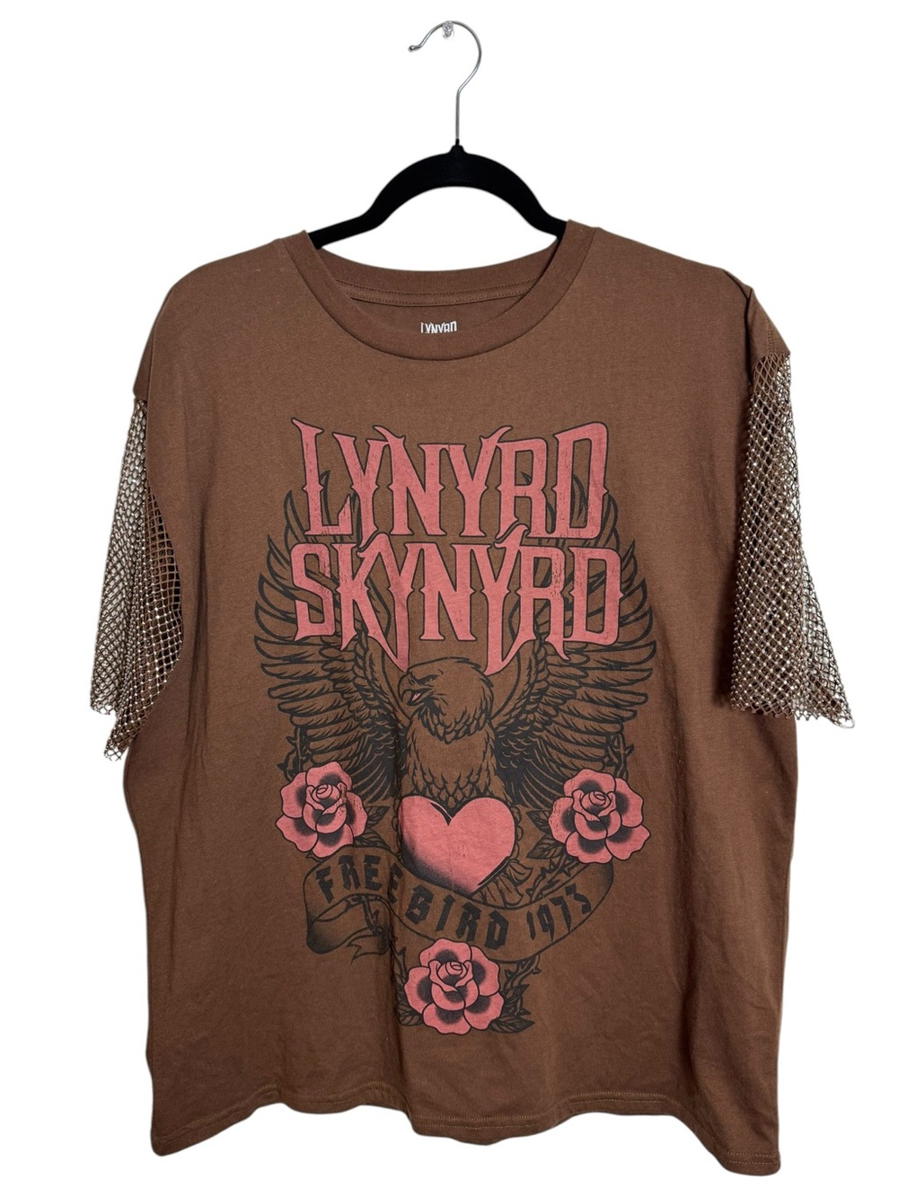 Lynyrd Skynyrd Freebird Eagle Graphic Top Rhinestone Mesh Sleeve Brown Large